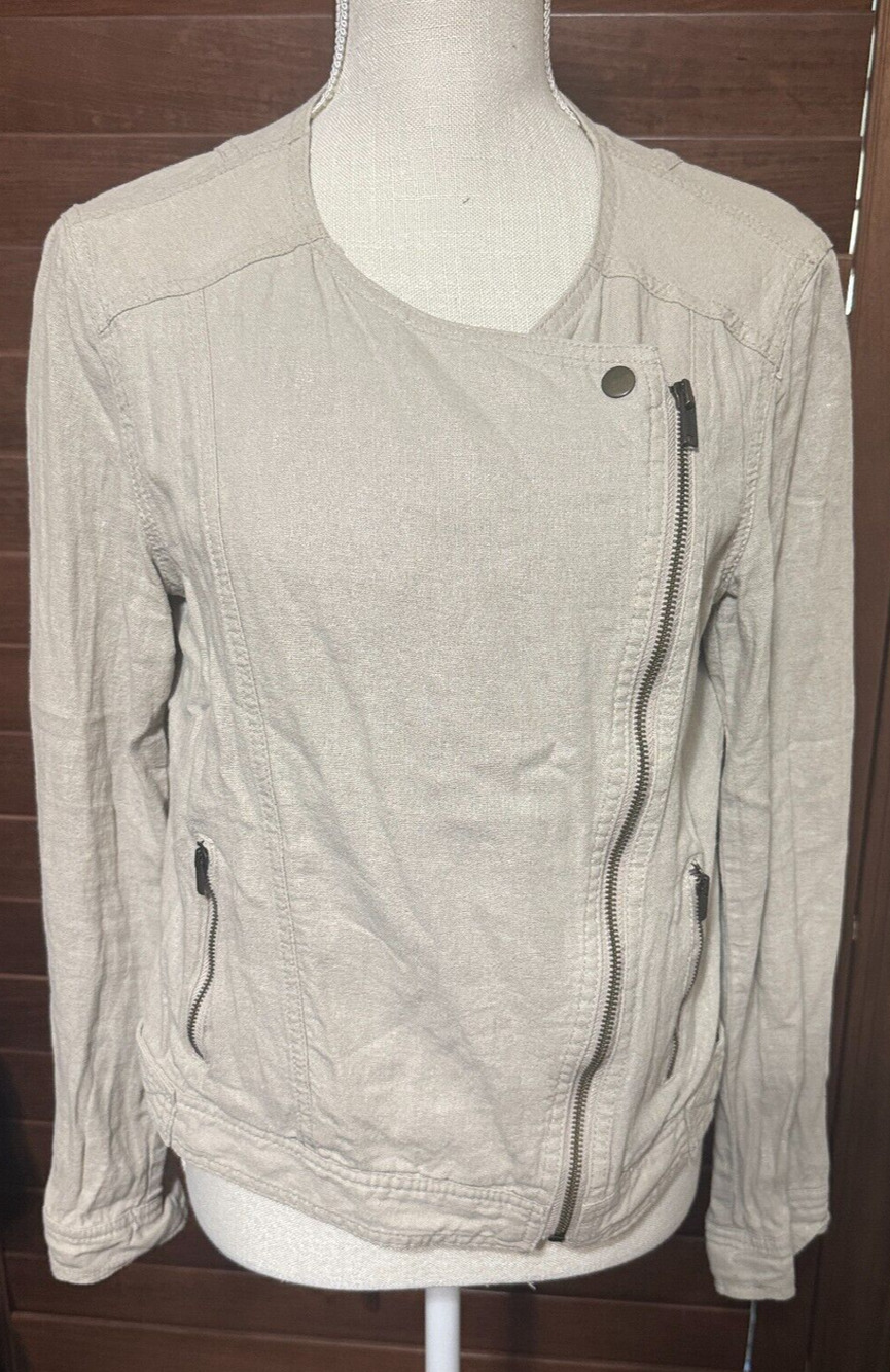 Gap Jacket Womens S Linen Blend Moto‎ Cropped Zip Up Asymmetrical Beige